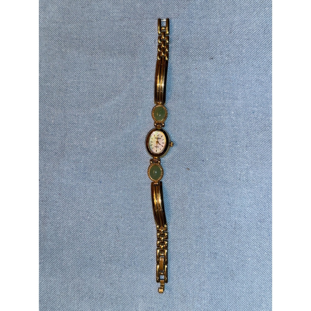 Vintage Express Gold Tone Green Cabochon Mother of Pearl Watch LAX1363 PC21